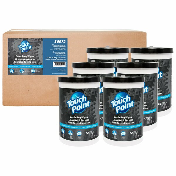 Touch Point Wipes TP Scrubbing Wipes, 6 Canisters x 72 wipes, 10in. x 12in. XL Size, HD Dual-Textured, 6PK 36072